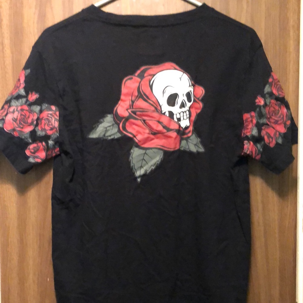 Embroidered skull and roses shirt